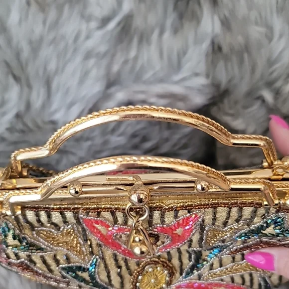 Gold and Multicolor Beaded Women's Clutch With Crossbody Chain - Picture 6 of 13